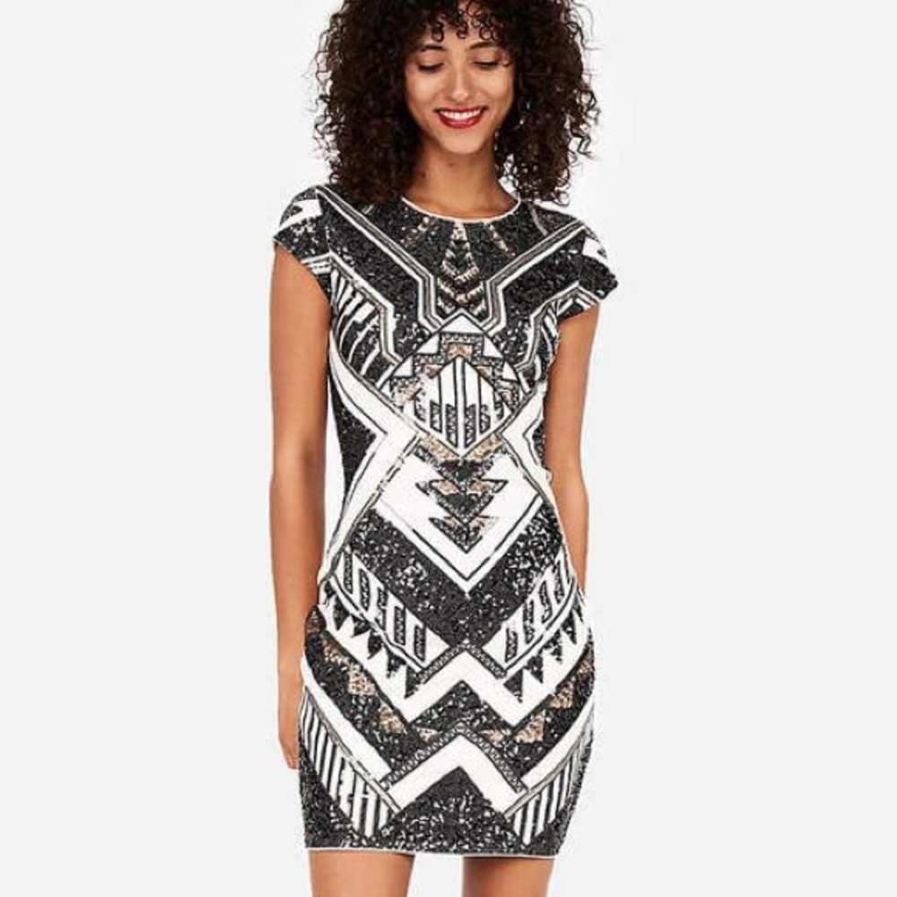Sequin Geometric Black and White Dress